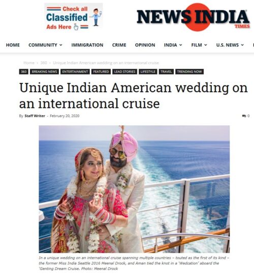 NEWS INDIA Times – Unique Indian American wedding on an international cruise.